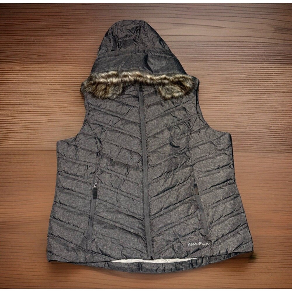 Eddie Bauer Goose Down Puffer Vest Gray Hooded Faux Fur Winter Womens Size XXL